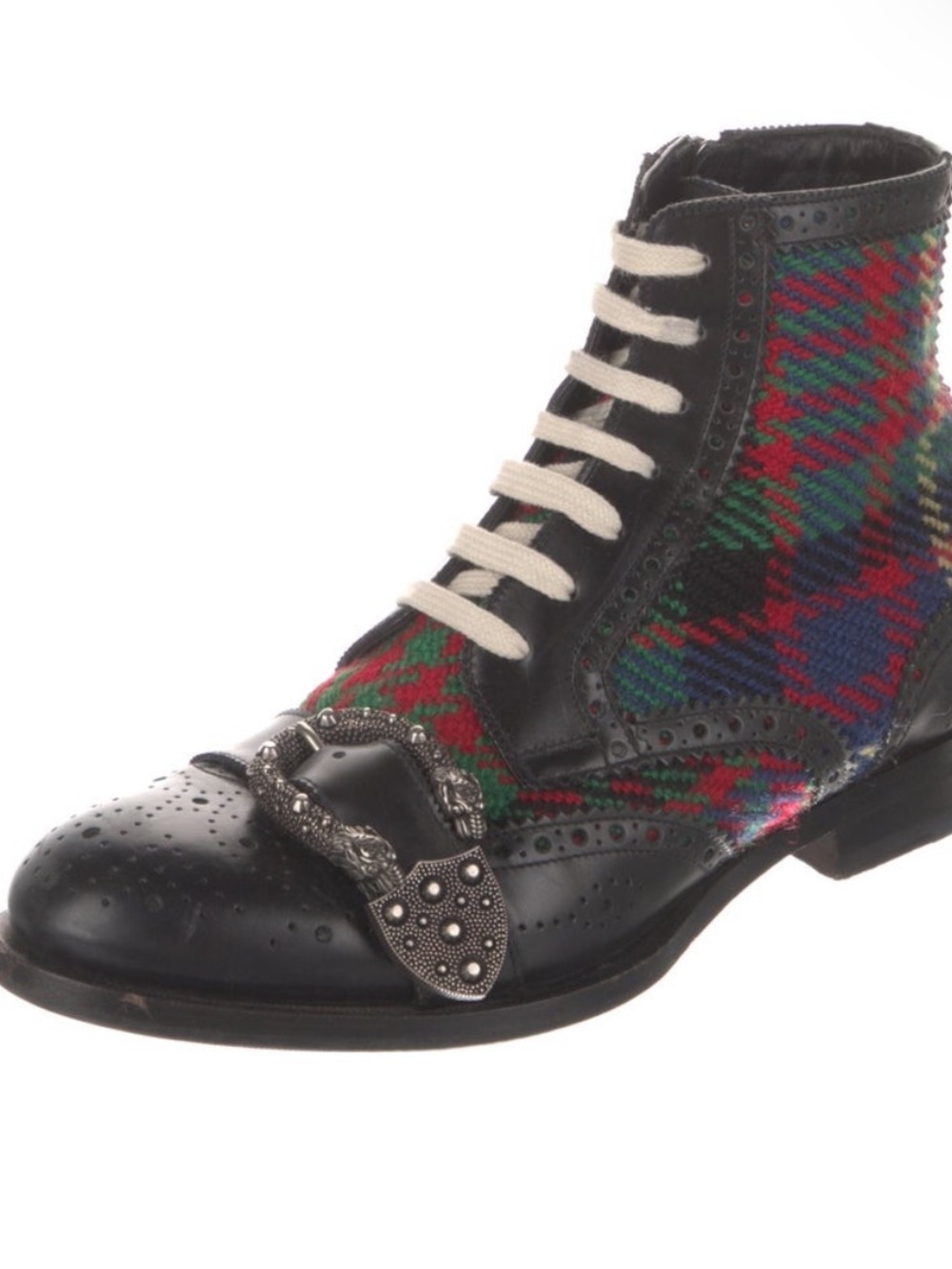 Gucci Black Leather Combat Boots with Red & Green Plaid